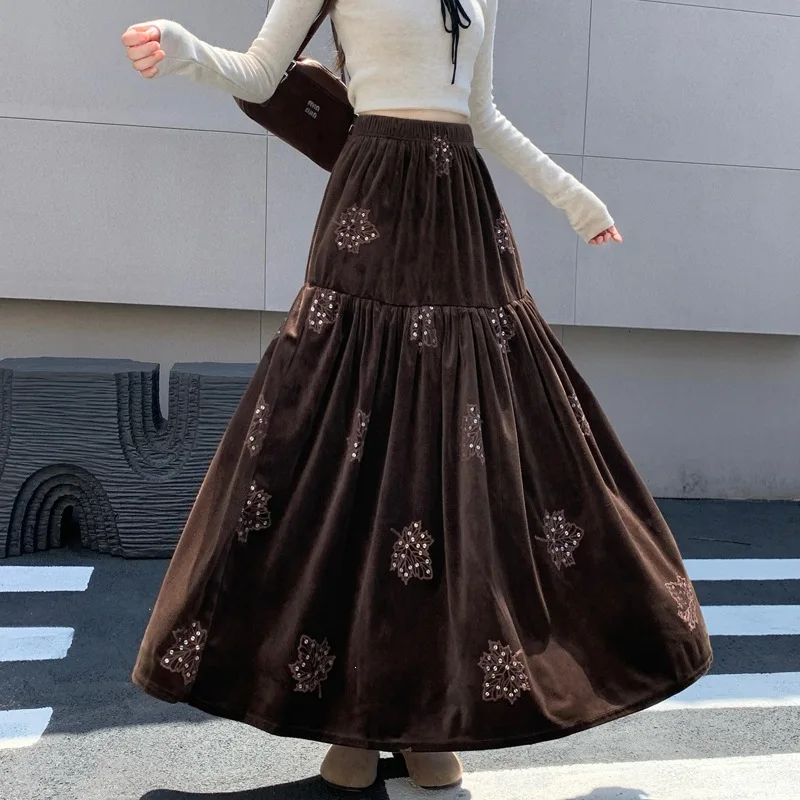 Vintage Coffee Velvet Tiered Maxi Skirt For Women Elastic High Waist Floral Embroidery Patchwork Ruffle Flowy Swing A‑line Skirt