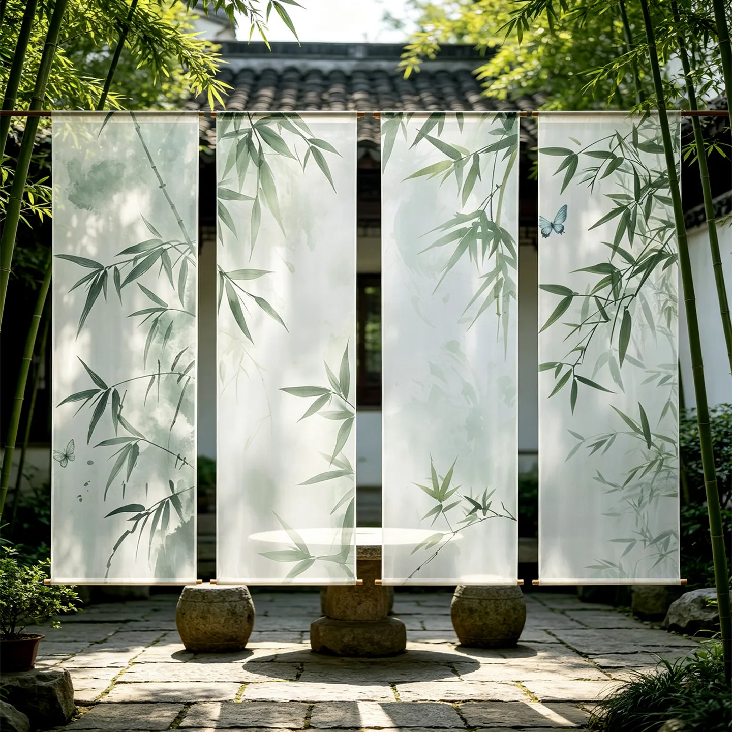 Bamboo Print Hanging Room Divider – Semi Transparent Chiffon Noren Curtain for Zen Tea Room, Tatami, and Japanese Garden Decor