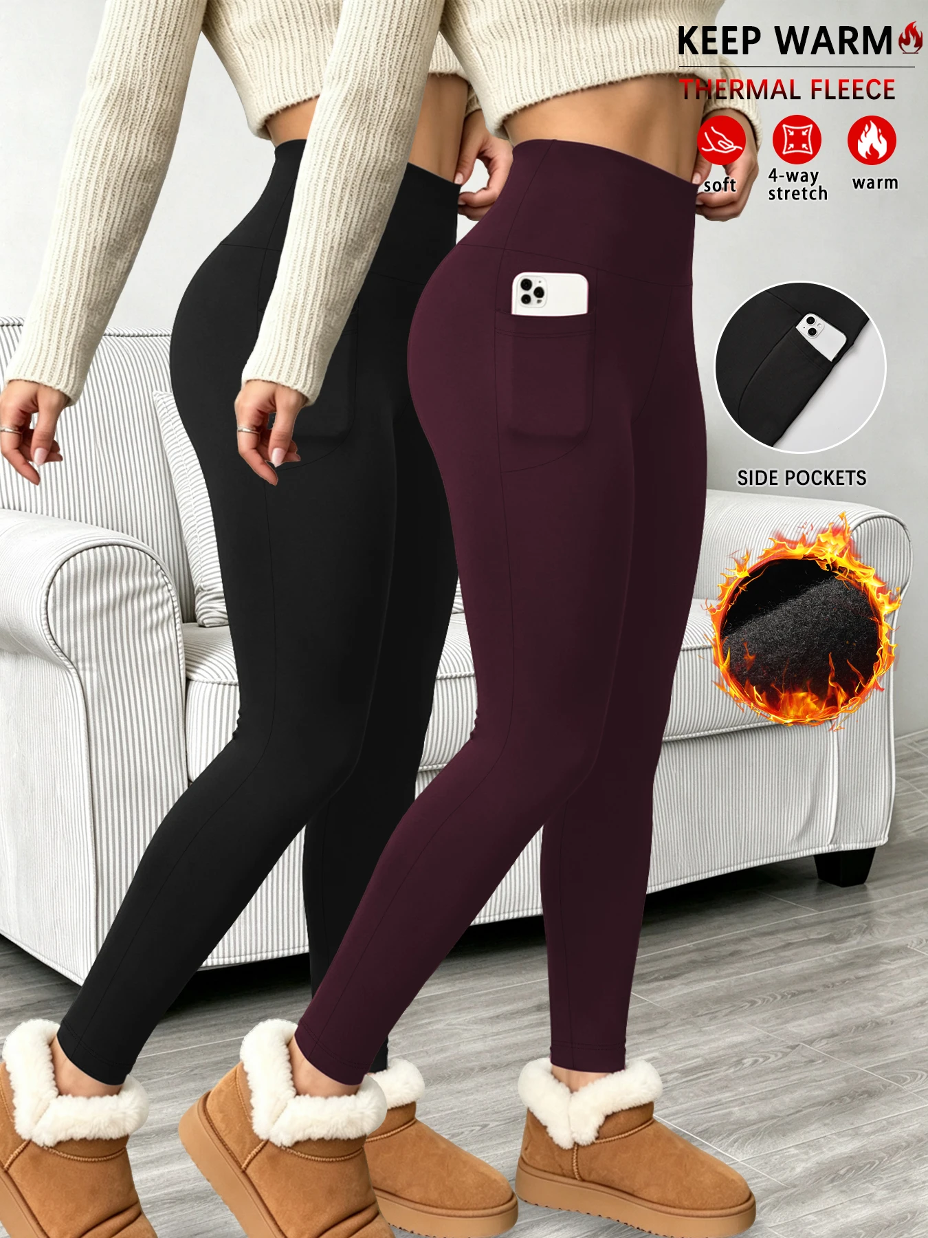 2 Pack Women's  Super Soft Thermal Fleece Lined Legging With Pockets, High Waist Tummy Control Workout Yoga Running Pants