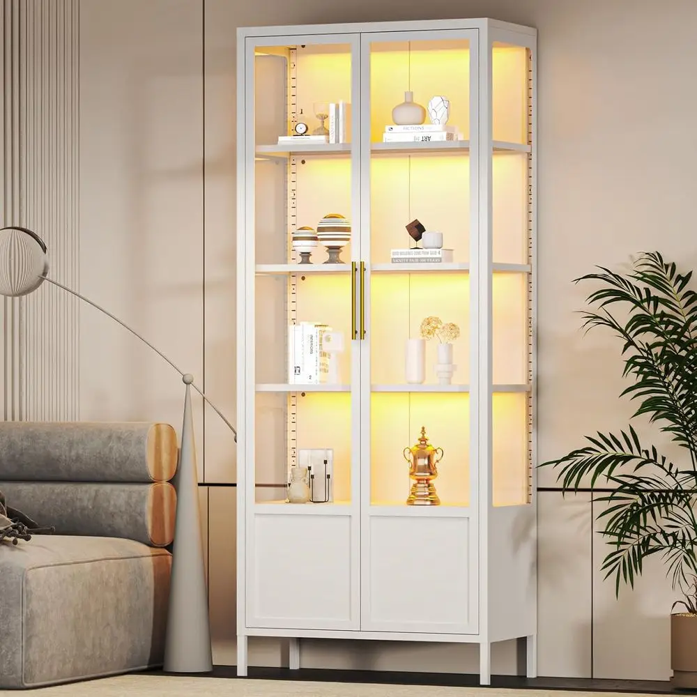 5-Tier Glass Display Cabinet with 13 Color Lights, 67” H Lighted Curio China Cabinet with 2 Glass Do& Adjustable Shelves, Tall M