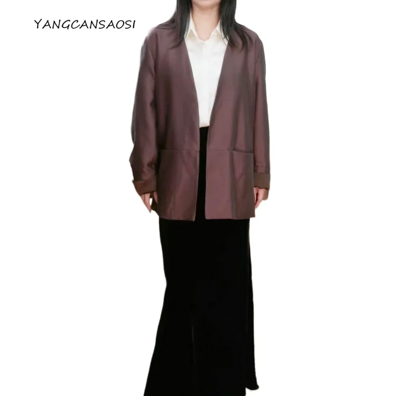 

2025 Women's Fashion Autumn New 49% Natural Mulberry Silk 51% Wool Collarless Temperament Versatile Casual Coffee Suit Coat
