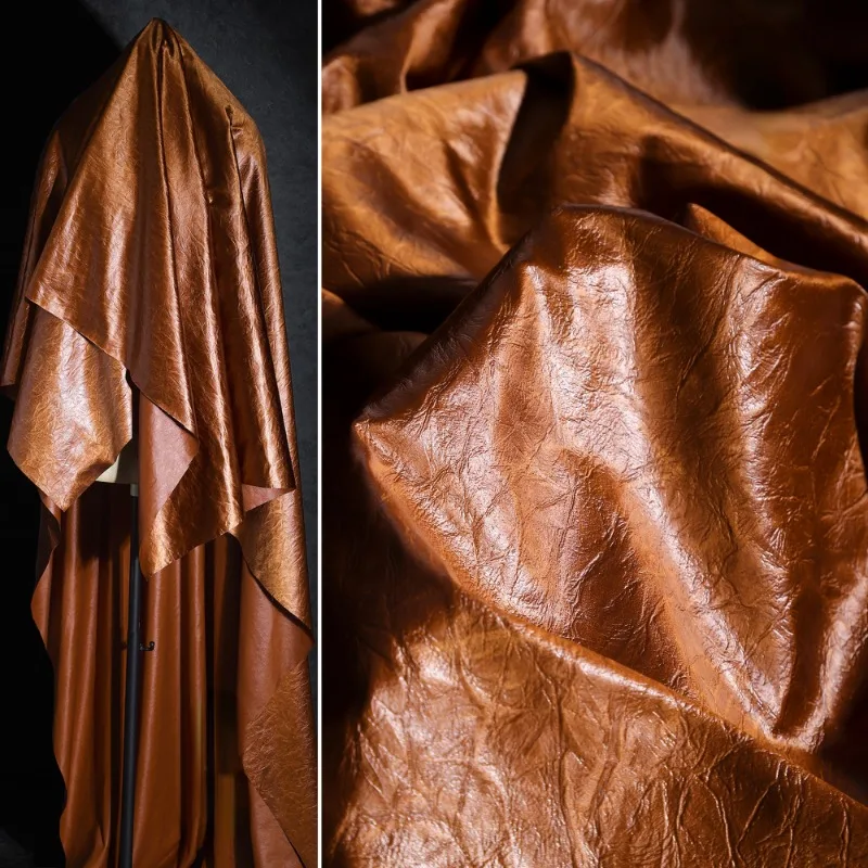 Caramel Brown Crumpled Texture Imitation Leather Fiber Fabric  Texture Pressed Pleated DIY Handmade Clothing Designer Fabric