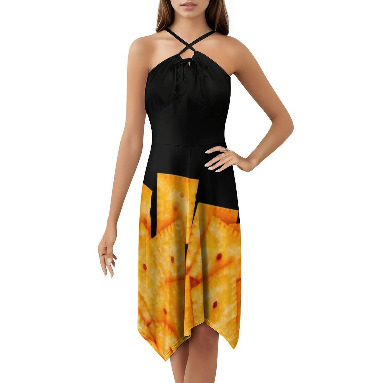 فستان نسائي أنيق للحفلات من Cheez It فستان على شكل حرف a مع خيارات قصيرة/طويلة/بدون أكمام Cheez It Food Cheese Snack Cheez It