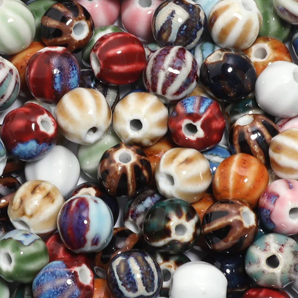 10Pcs Retro Style Pumpkin Shape Stripe Ceramics Beads For Jewelry Making Accessories Loose Spacer Beads DIY Bracelet Necklace