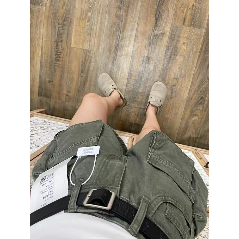 Women's Khaki Cargo Denim Shorts High Waist Multi-Pocket Belted Loose Fit Casual Summer Streetwear Hot Pants