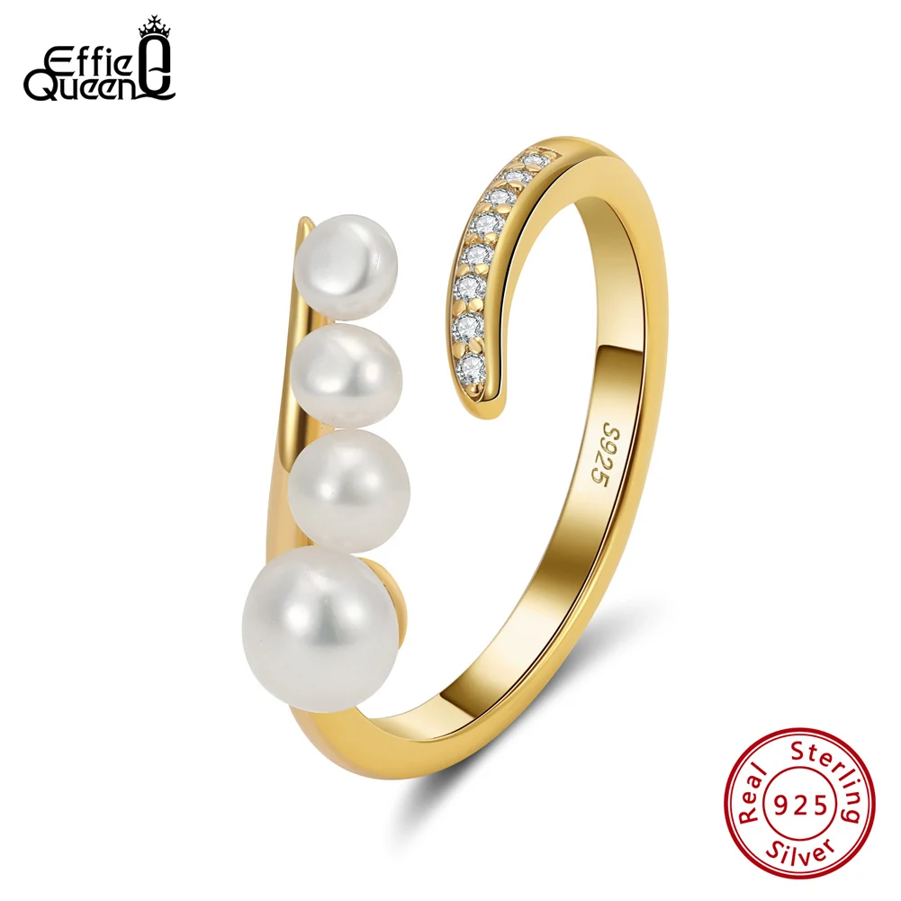 

Effie Queen 14K Gold 925 Sterling Silver Natural Pearl Rings for Women Adjustable AAAA Cubic Zirconia Finger Rings Jewelry GPR07