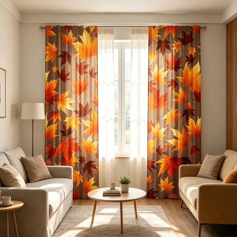 2PCS,Autumn Maple Leaf Pattern Window Curtains,  Seasonal Thanksgiving Home Window Decor for Living Room Bedroom Indoor Space