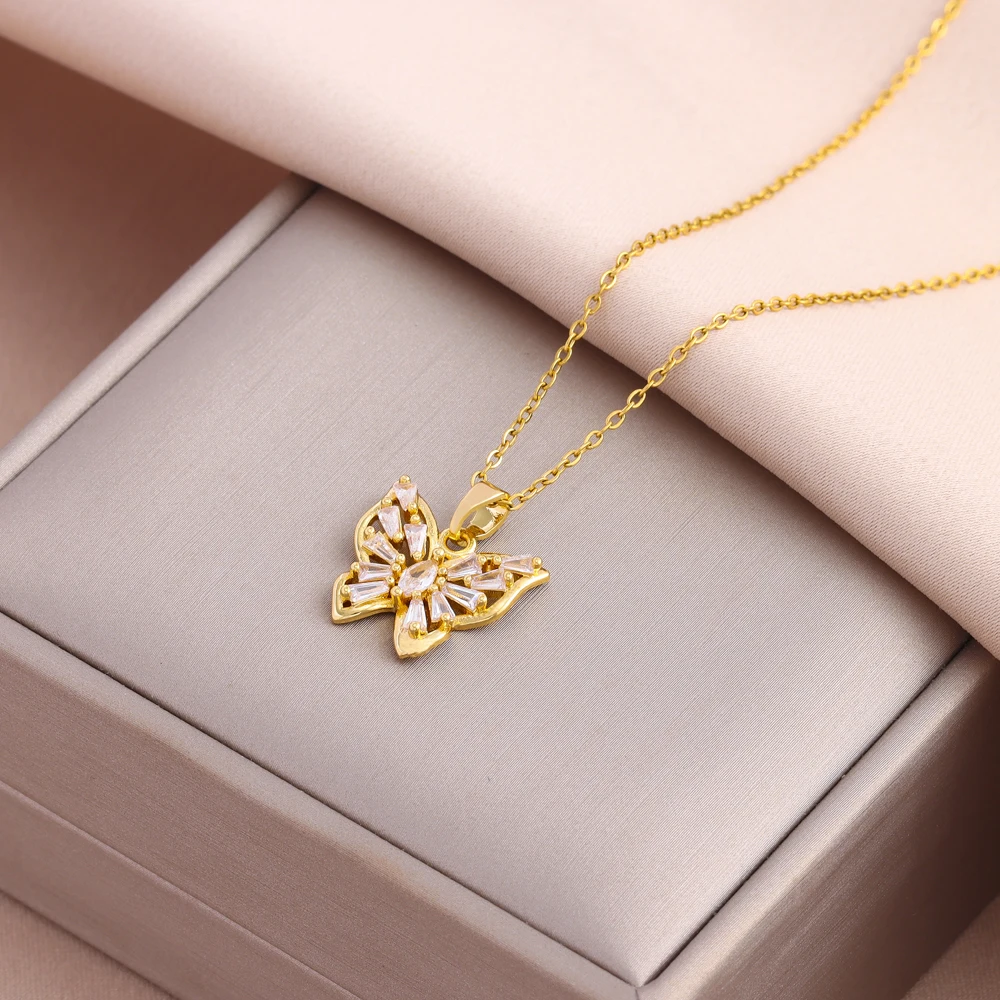 New Sweet Sexy Zircon Crystal Butterfly Pendant Necklaces For Women Female Stainless Steel Neck Chain Jewelry Ladies Accessories