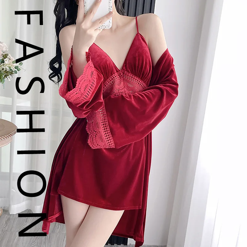 

Золотая бархатная женская пижама на осень и зиму, сексуальная кружевная ночная рубашка на подтяжках, комплект из двух предметов, комплект с полым v-образным галстуком на груди, n