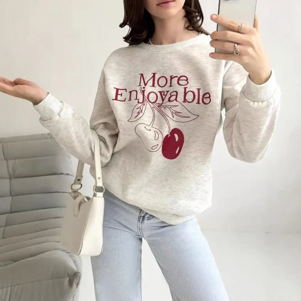 

Printed Long Sleeve Fleece Top Loose Sweet Cherry Autumn Hoodie Top Korean Ins Girls Clothing Sweatshirts for Women Streetwear