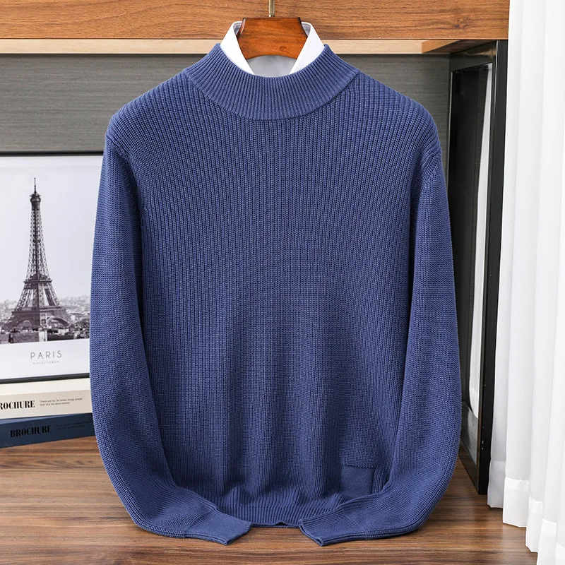 เสื้อสเวตเตอร์ถักคอกลมผู้ชายคุณภาพสูง แบบเรียบง่าย สวมใส่สบาย สำหรับฤดูหนาว แขนยาว ผ้าฝ้าย 100%