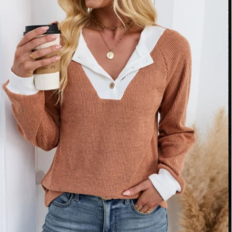 Nouveaux chemisiers pour femmes T-shirt printemps automne mode contraste couleur faux deux pièces couture POPL revers décontracté ample à manches longues hauts