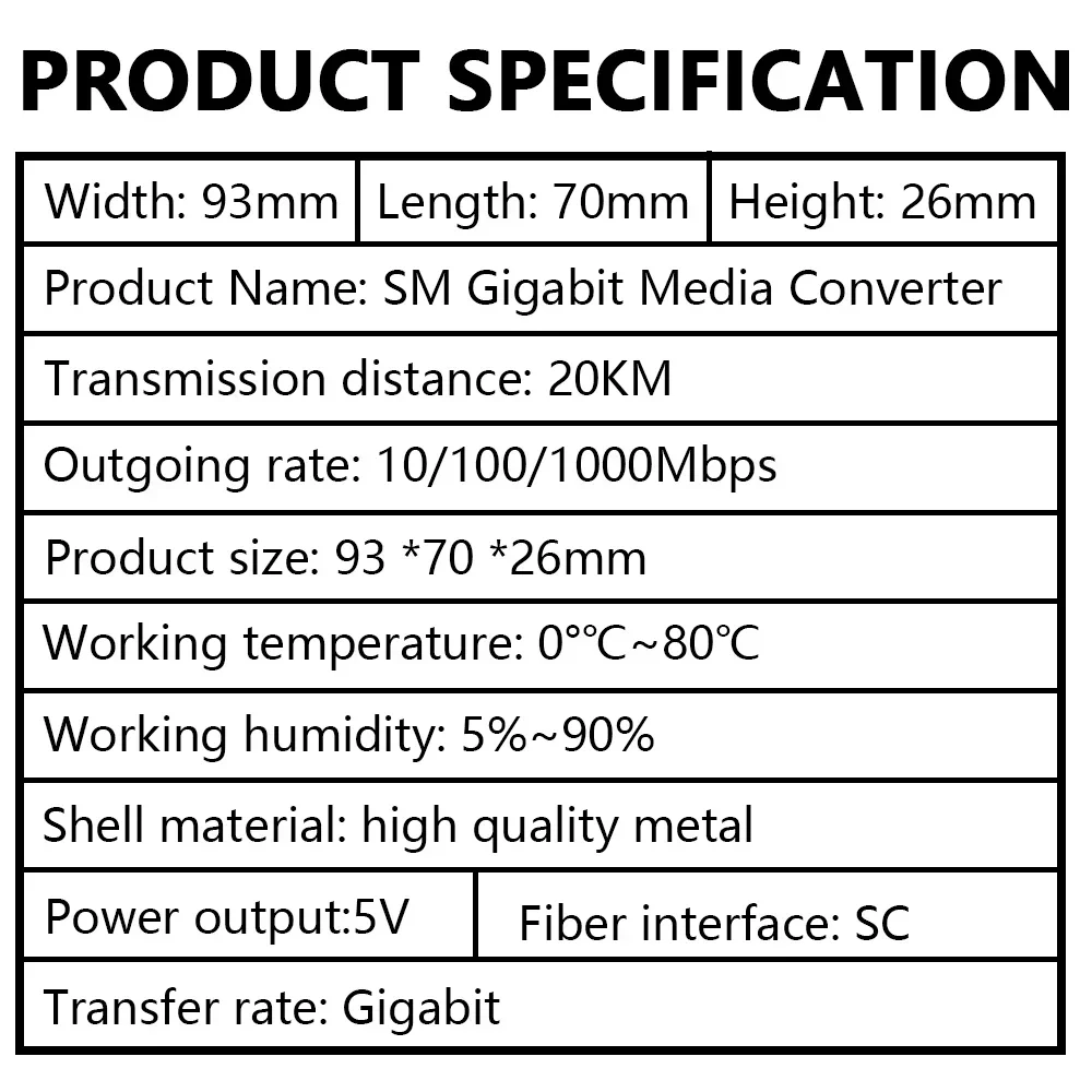 OPTFOCUS Gigabit Fiber Optical Media Converter 1000Mbps SM Transceiver SC module 20km A B 5pairs Transceiver