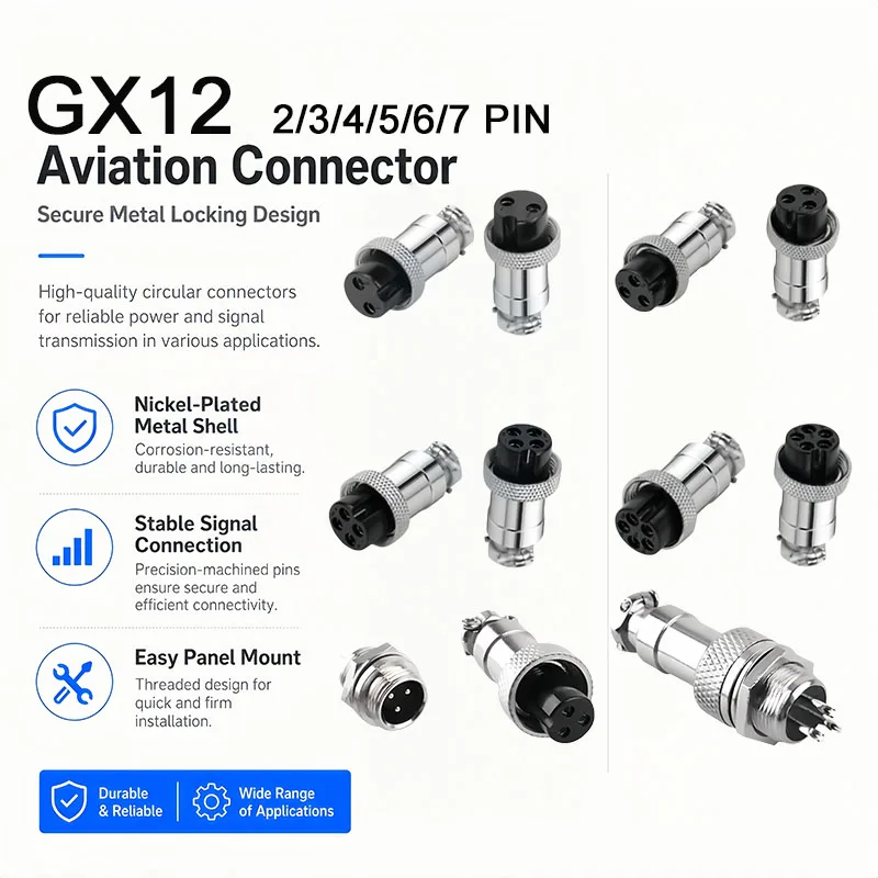 

5Pcs GX12 Aviation Connector 2/3/4/5/6/7Pin Male Female Panel Mount Aviation Plug Circular Metal Nut Type Wire Connector Adapter