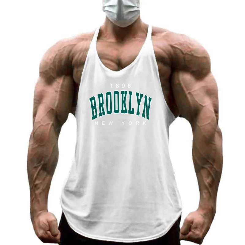 1898 Brooklyn New York Print Gym Fitness Shirt Cotton Breathable Sleeveless Sport Vests Men Bodybuilding Muscle Y-back Tank Tops