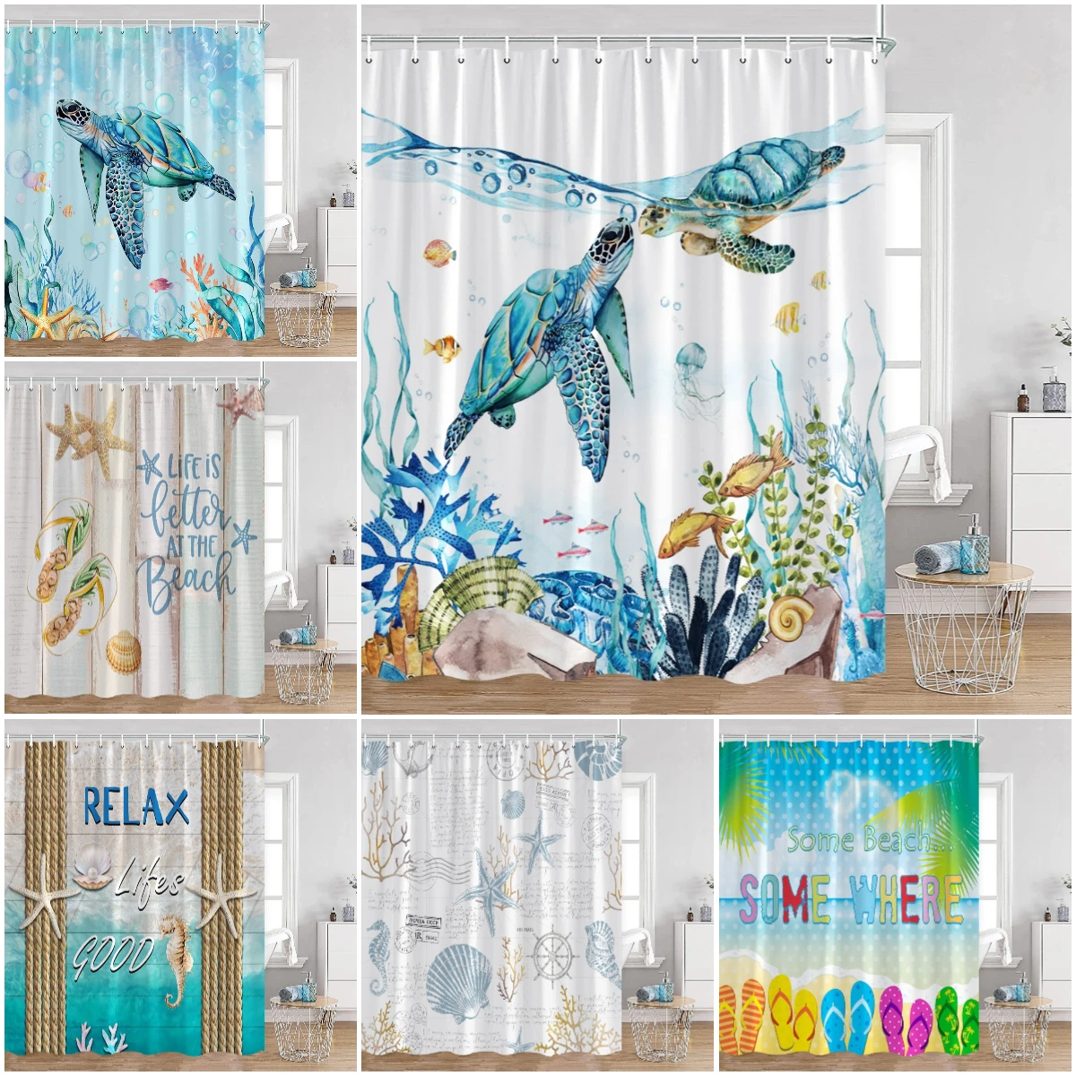 Ocean Animals Watercolor Shower Curtains Sea Turtle Octopus Starfish Bathroom Curtains Sea Theme Kid Bath Decorations with Hooks