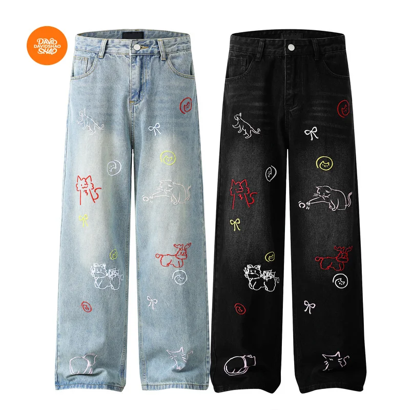 

DAVIDSHAO Vintage Fun Cartoon Embroidered Denim Pants For Men And Women Retro Trendy Brand Washed Straight Wide-Leg Jean Pants