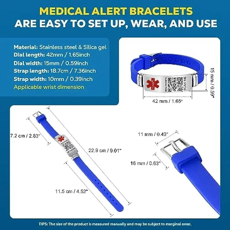 Pulseras de salud de código QR ajustables de silicona de acero inoxidable DIY grabado gratis ayuda médica de emergencia ID correa de muñeca joyería