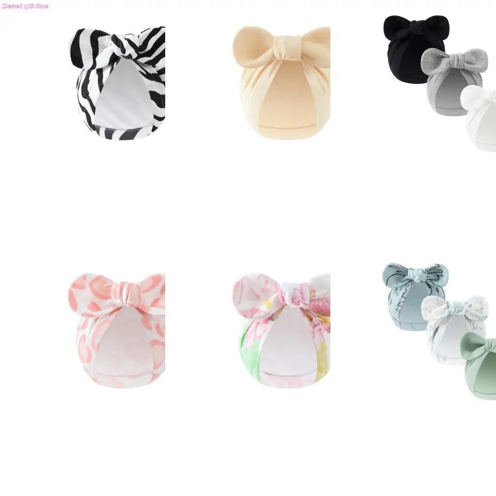 

D0JC Soft Cotton Baby Hat Bowknot Headwear Stretchy Newborns Bonnet Caps 0-3 Months