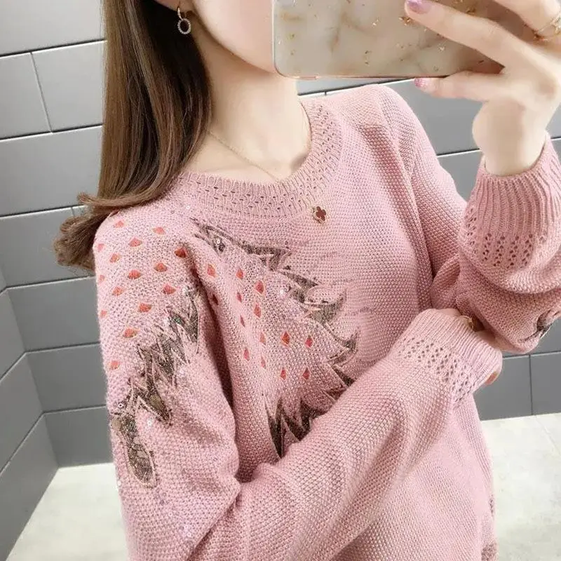 Kobiety Jesień Zima Elegancki Luźny Haftowany Sweter Pullovers Ladies Simplicity All-match Temperament O-neck Knitwear Tops