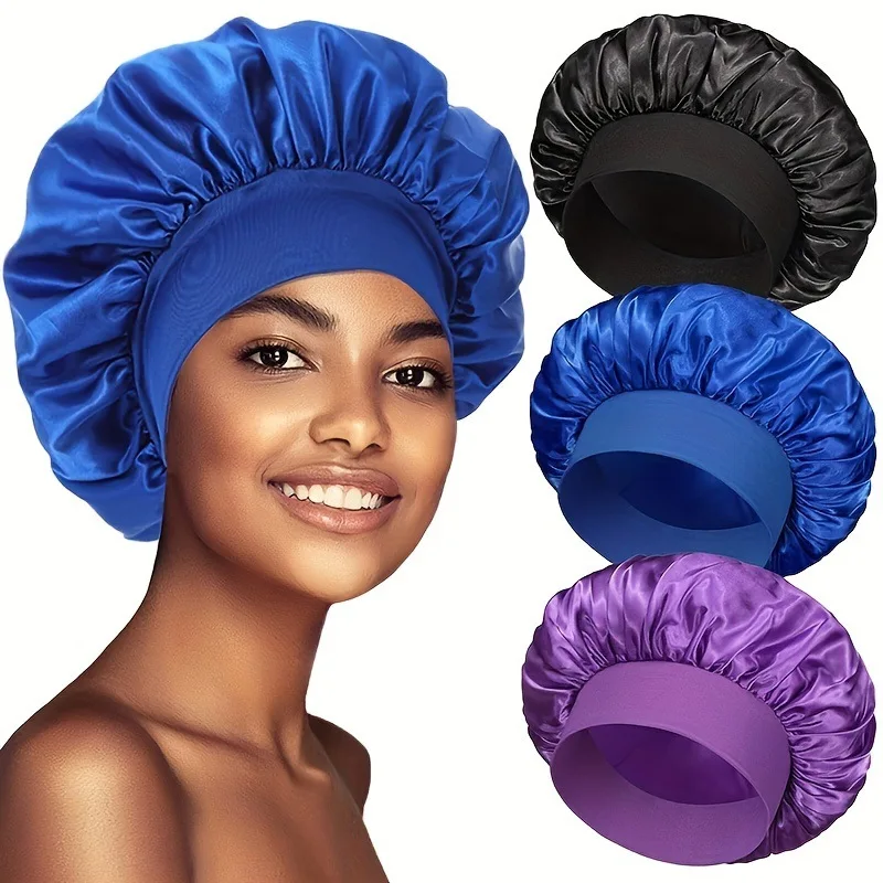 2pcs Wide brimmed satin sleeping cap with curly hair and anti frizz toe cap for home night hair care and hairdressing