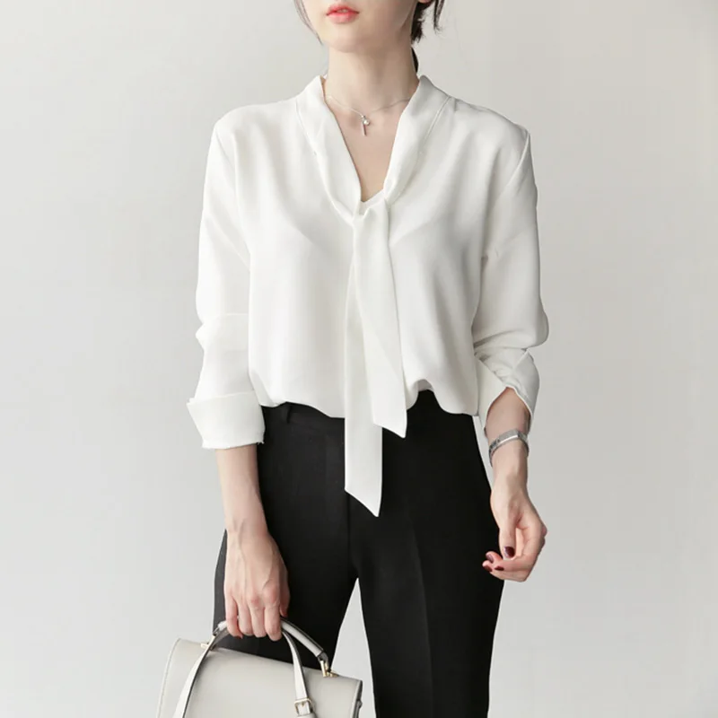 

Summer New Chiffon Women Blouse Bow Neck Long-sleeved Office Lady Elegant Pulls Outwear Tops