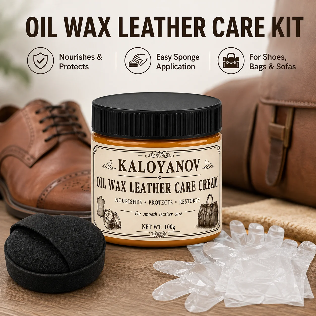 KALOYANOV 100g Leather Conditioner Cream, Oil Wax Care Balm Kit with Sponge & Gloves for Shoes, Bags, Sofa, Jackets & Car Seats