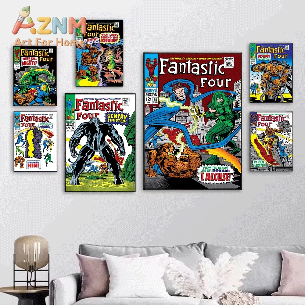 AZNM Fantastic Four Where Stalks The Sandman Vintage Comic Cover Collage Canvas Wall Art Unframed Print, Superhero Poster for