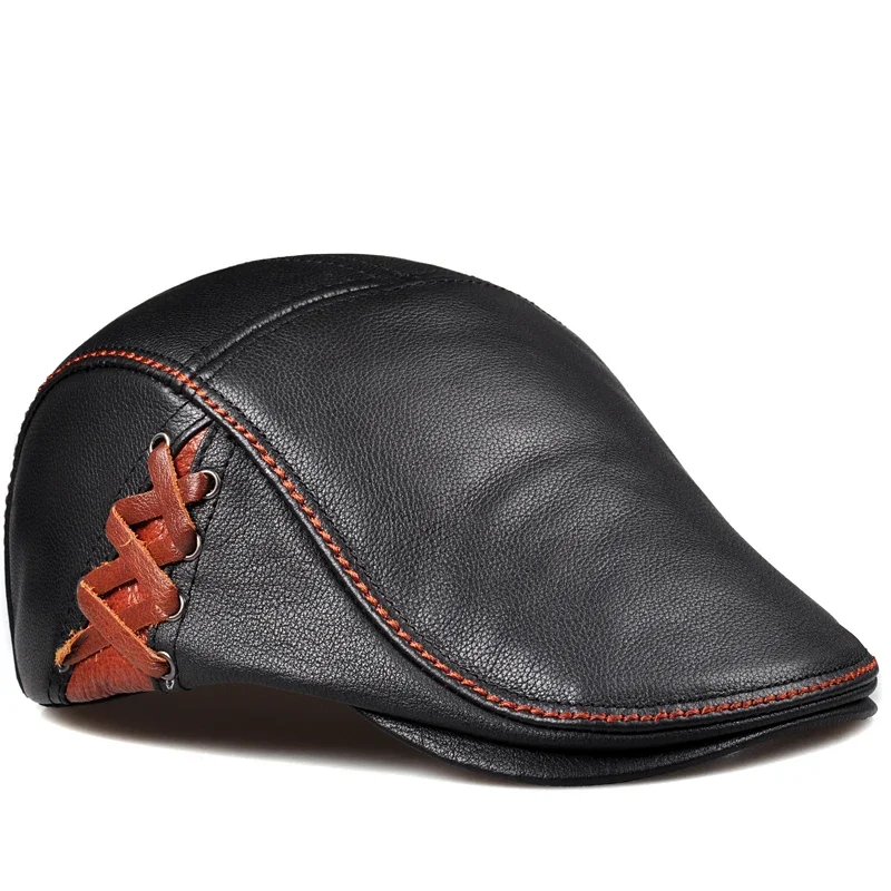 

Men Beret Hat Real Leather Flat Cap High Quality Sheepskin Autumn Winter Male Brown Adjustable High Quality Mens Beret Caps