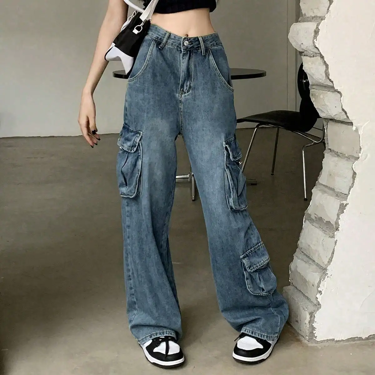 Korean Chic Summer American High Street Multi-Flap Pocket Pants Design Denim Cargo Pants Slimming Look Low-Waisted Floor-Length Wide-Leg Pants for Women Iqo Kmjian Zeou