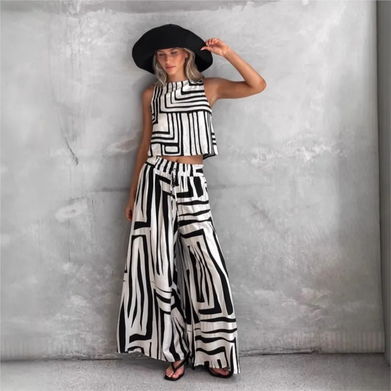 

Women Casual High Street Vest Suit Fashion Geometric Print Two Piece Set O Neck Top + Wide Leg Pants Sets Lady Sleeveless Outfit