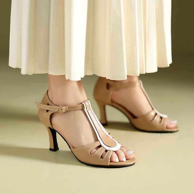 

Korean Style Sweet Girls Dress Sandals Summer Open Toe Hollow T-tied Ankle Strap Womens High Heels Yellow Black Lady Party Shoes