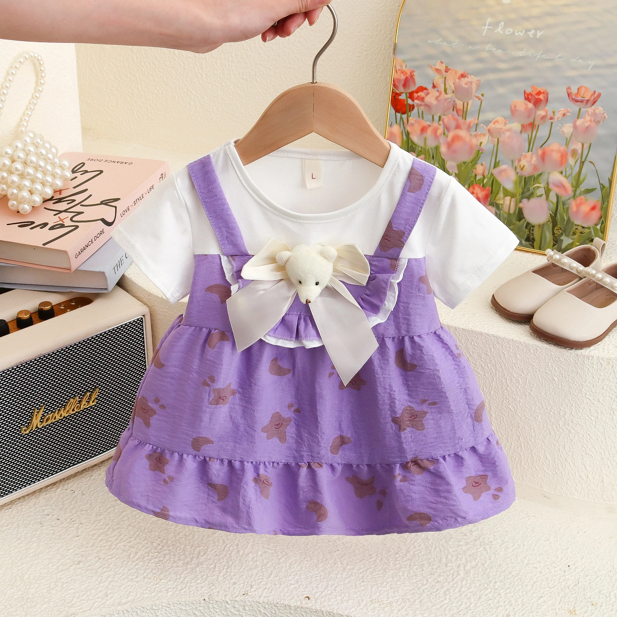 Summer New Girls' Children's Clothing With A Cute Dress With A Small Bow Short Sleeves And A Small Bear Head On The Chest