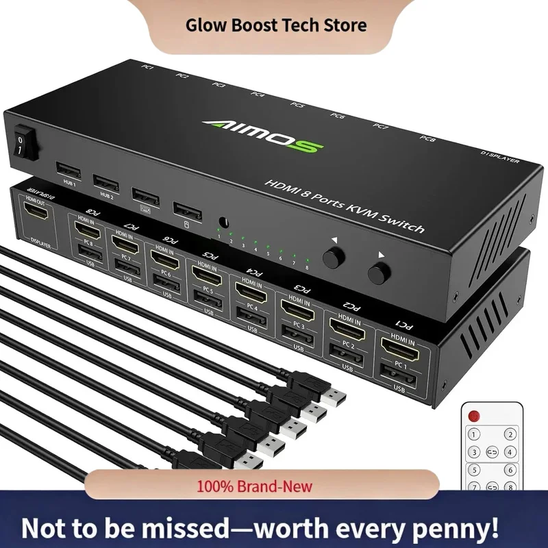 Glow AIMOS KVM Switch 8 In 1 Out Switch Share Monitor Mouse Keyboard Switcher 4K bis 30Hz Laptop, PC, PS4