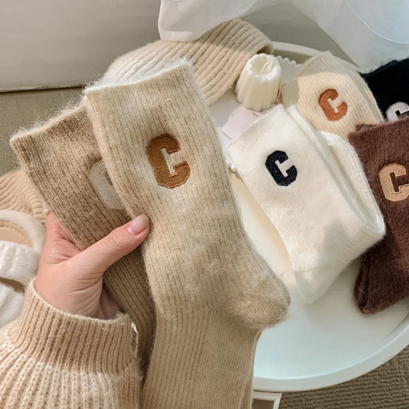 1pair Women Wool Socks Autumn Winter Warm Thickened Cashmere Socks Casual Fashion Solid Color Comfortable Home Long Sock 2024