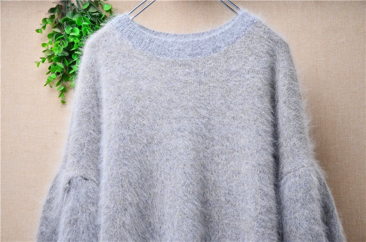 Women Mujer Autumn Winter Clothing Grey Hairy Angora Rabbit Hair Knitted O-Neck Long Lantern Split Sleeve Loose Pullover Sweater