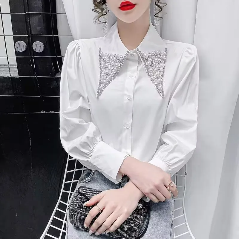 New Spring Summer Women Clothing Beading Doll Collar Shirt 2024 Vintage Blouse Women Longsleeve Dress Shirt Size Woman Overshirt