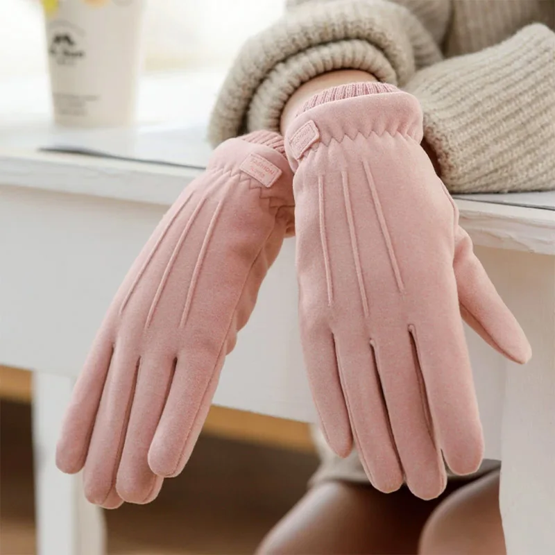 Suede Winter Women Gloves Touch Screen Thicken Velvet Warm Full Finger Windproof Autumn Outdoor Bicycle Female Gloves