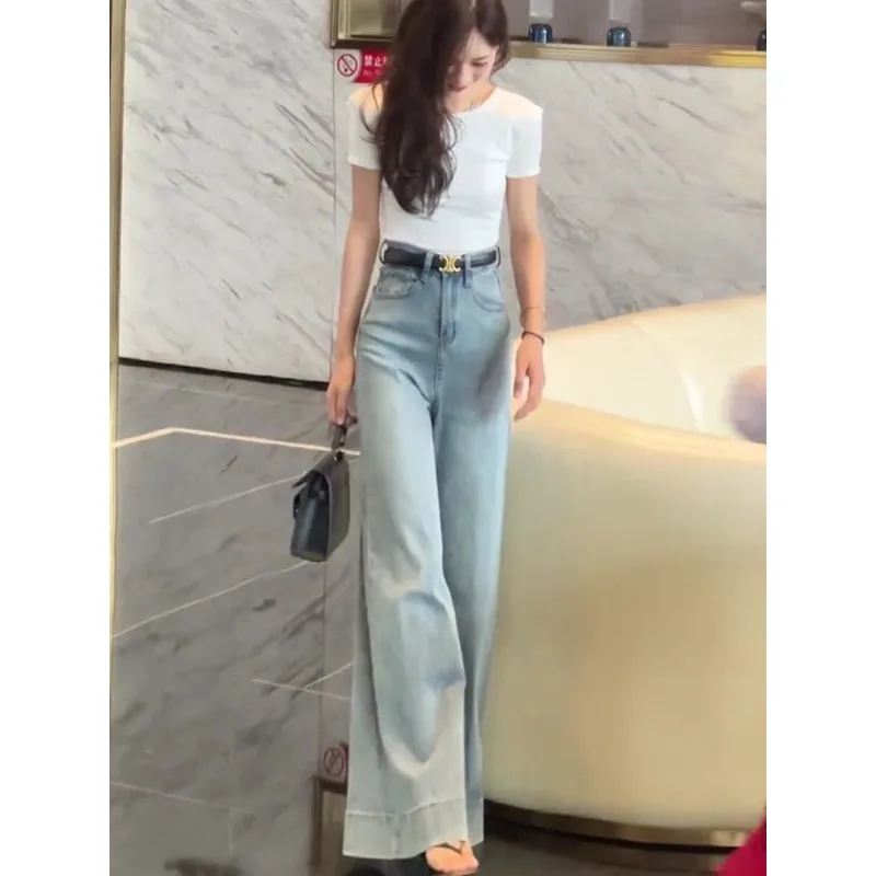 Jean délavé Vintage pour femme, pantalon taille haute, jambes larges, drapé, ample, longueur au sol, nouvelle collection automne