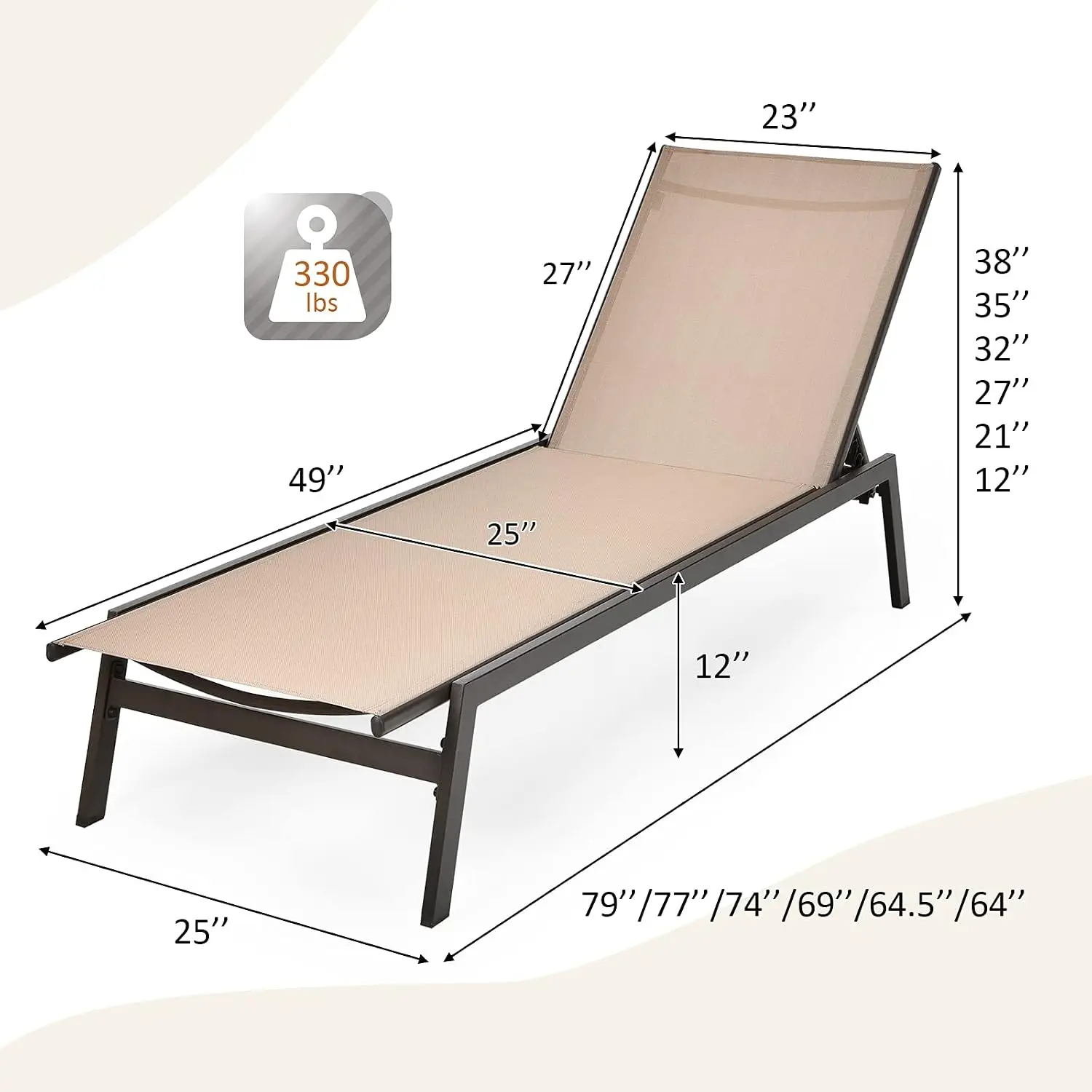 6-Position Adjustable Outdoor Chaise Lounge 2pc, Breathable Fabric & Steel Frame Patio Recliner for Garden Poolside, Customized