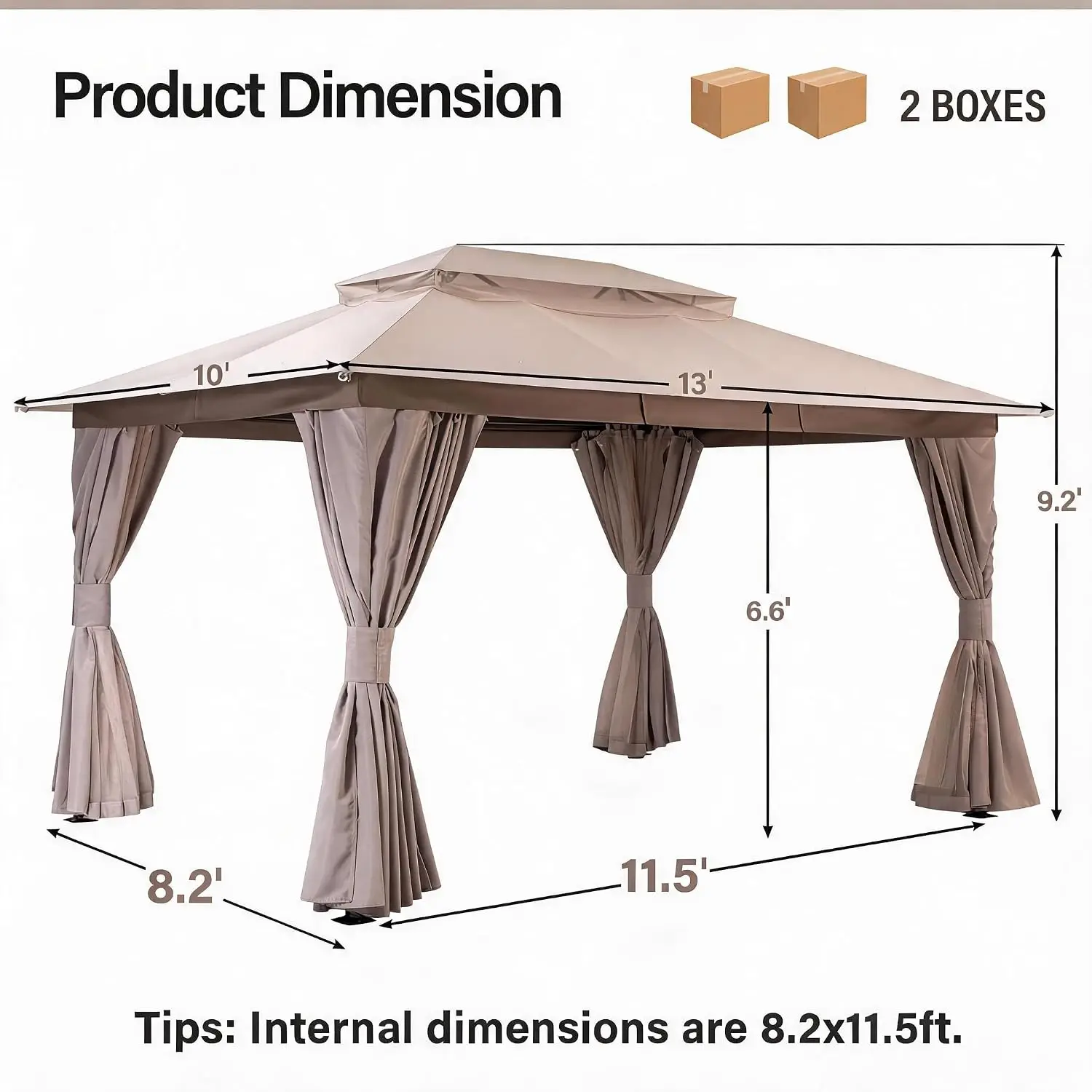 10x13ft Heavy Duty Patio Gazebo with Double Roof, Mosquito Net, Privacy Screen & Expansion Bolts for Outdoor, Customized