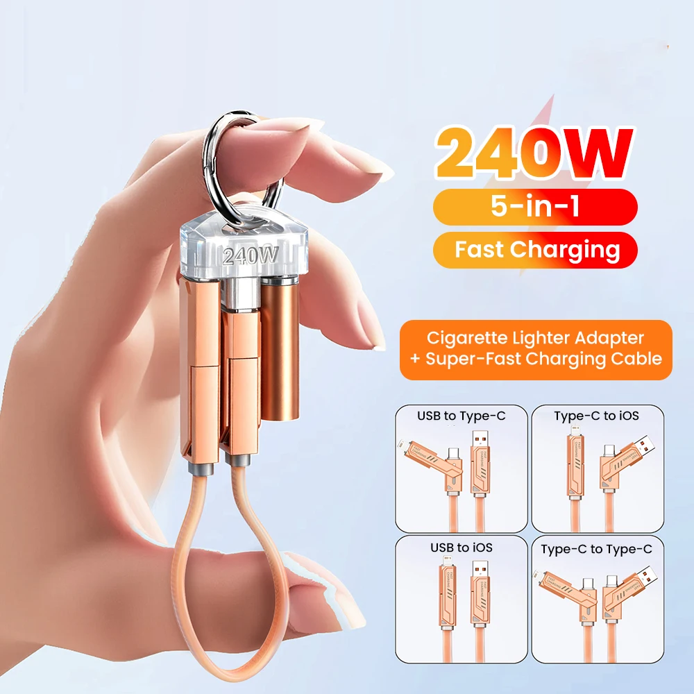 240W 5 in 1 USB C Fast Charging Cable Keychain Short Multi Charger Cable Type C to USB A Lightning for iPhone Android Travel