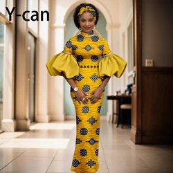 African Dresses for Women Fashion Dress Puff Sleeve Custom Gown Match Headband Dashiki Ankara Print Dress Party Evening 2425138