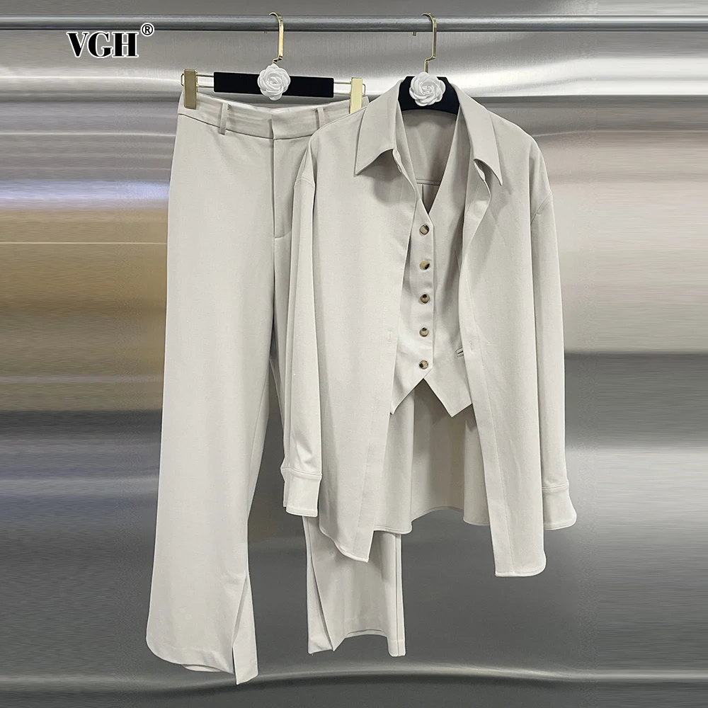 

VGH Solid Office Two Piece Set For Women Lapel Long Sleeve Shirts High Waist Straight Blazer Pant Fashion Suit Female Autumn New