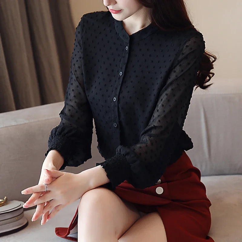 2024 New Arrived Women Shirt Sweet  Female V Collar Wave Point Long-sleeved Suntan Tops Blouse Korean Style OL Blusa 0974  30