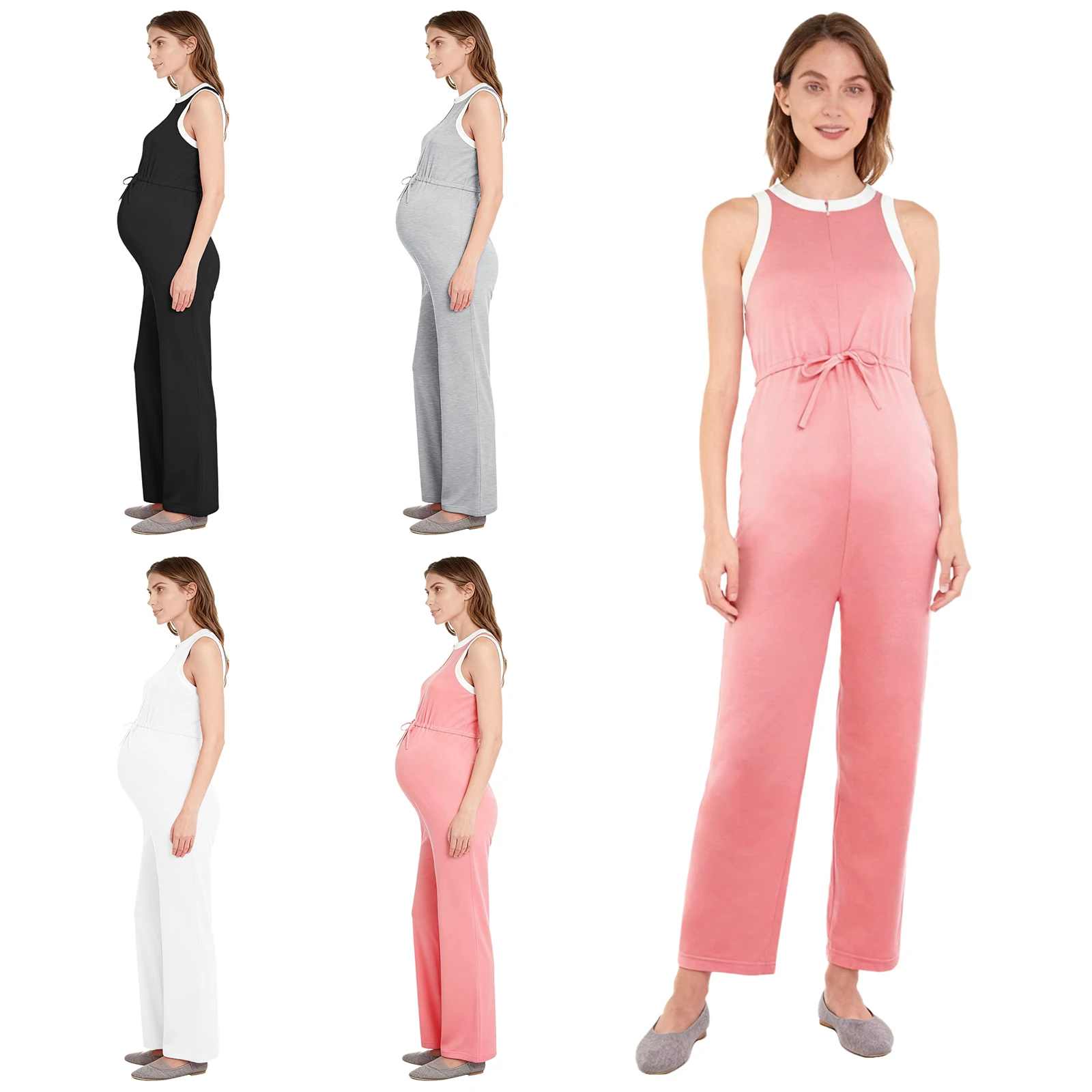 

Комбинезоны для беременных, одежда для беременных, повседневное боди без рукавов на молнии спереди с завязками на талии и прямыми штанинами с карманами