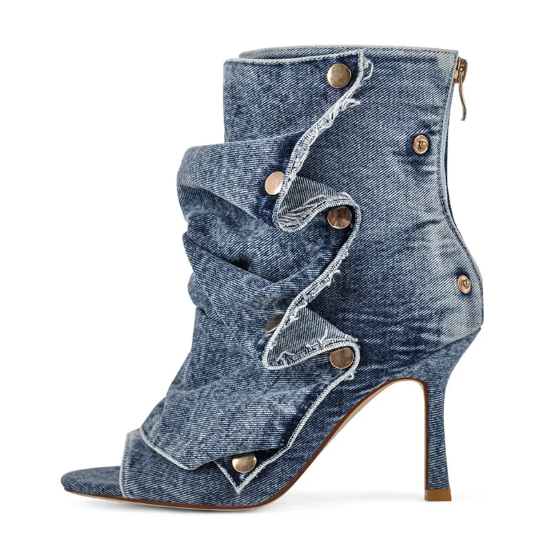 

Европейские и американские модные ботинки на высоком каблуке с открытым носком, плиссированные, из ткани с узором, съемные, стильные женские ботинки