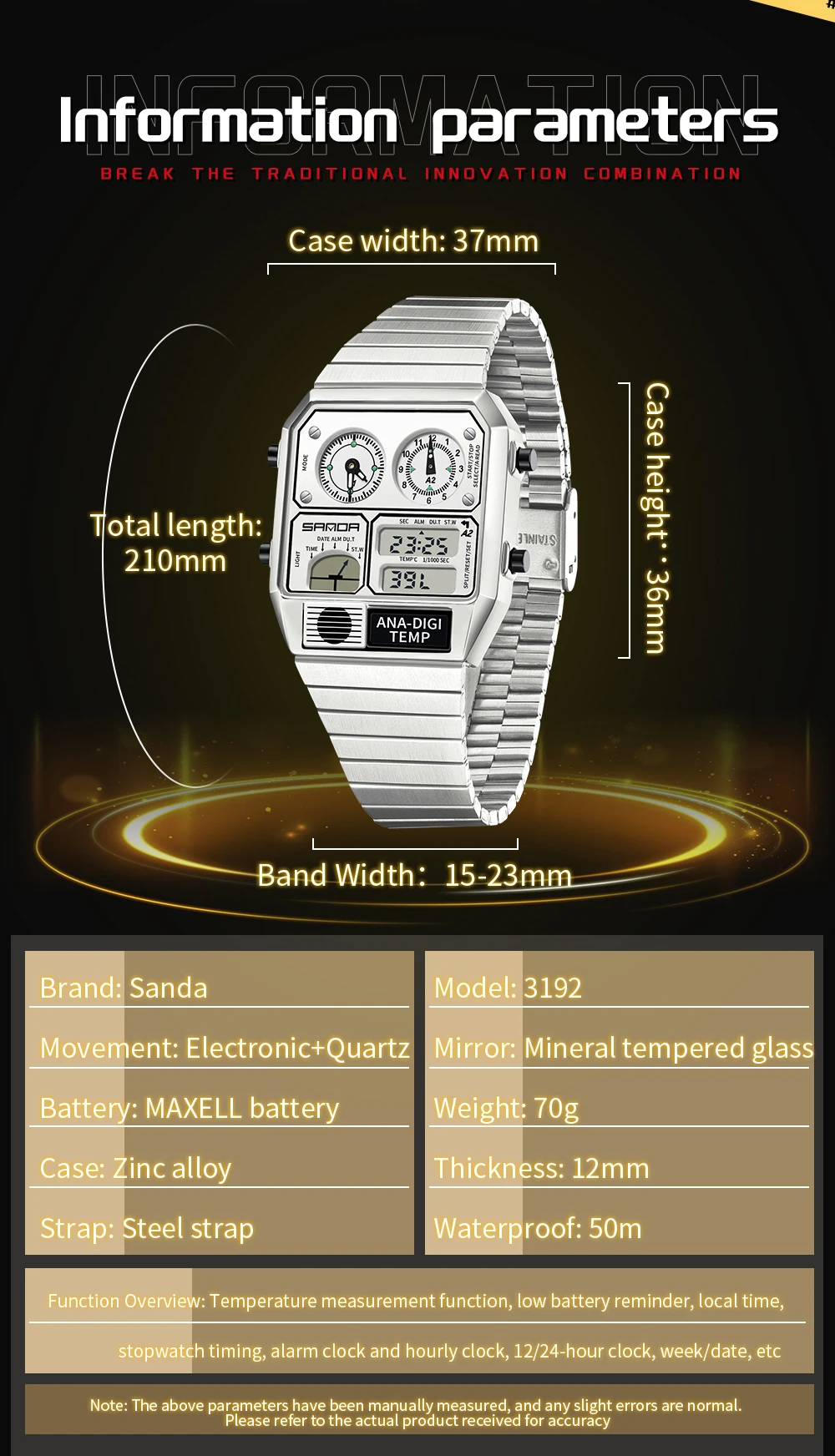 SANDA SD3192 hot selling LED electronic square men's youth leisure thermometer stopwatch