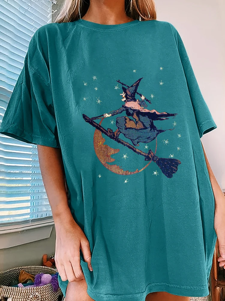 Seeyoushy Witch Flying Halloween Print 2023 New Short Sleeve Crew Neck Ladies T-shirt Casual Ladies Top Y2K Aesthetic Clothing