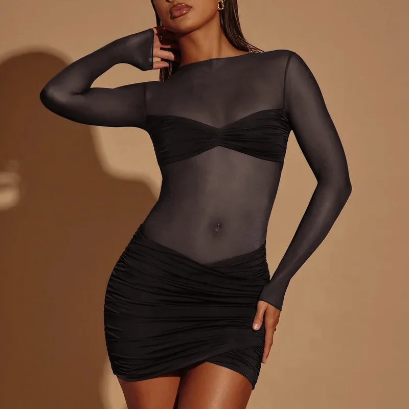 

Gtpdpllt Sexy O-neck Mesh See Through Mini Dresses For Women 2024 Long Sleeve Skinny Pullover Autumn Outfits Party Y2K Clothes